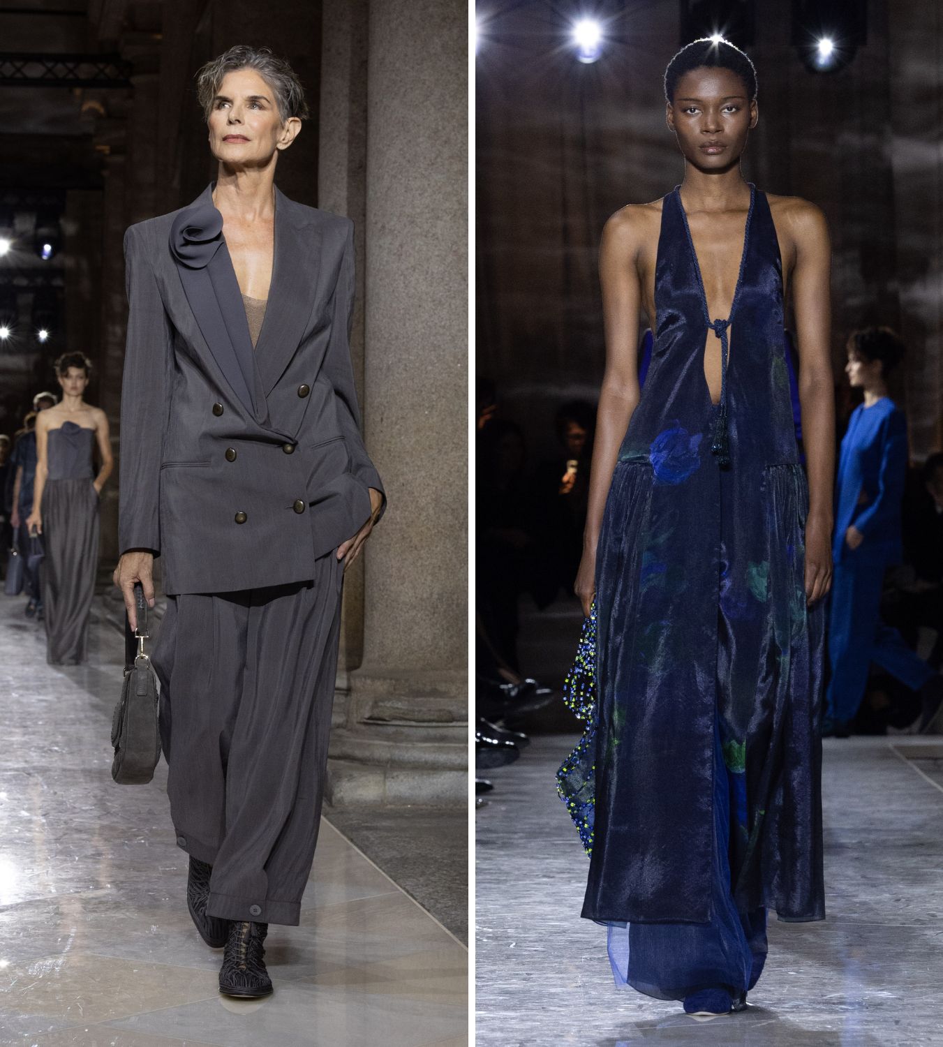 two models walk the giorgio armani ss26 show in milan
