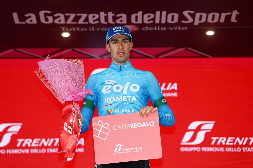 GRAN SASSO DITALIA CAMPO IMPERATORE ITALY MAY 12 Davide Bais of Italy and Team EOLOKometa celebrates at podium as stage winner during the 106th Giro dItalia 2023 Stage 7 a 218km stage from Capua to Gran Sasso dItalia Campo Imperatore 2123m UCIWT on May 12 2023 in Gran Sasso dItalia Campo Imperatore Italy Photo by Tim de WaeleGetty Images