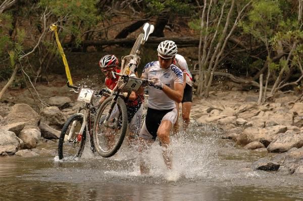 Urs Huber leads the way at the big river crossing
