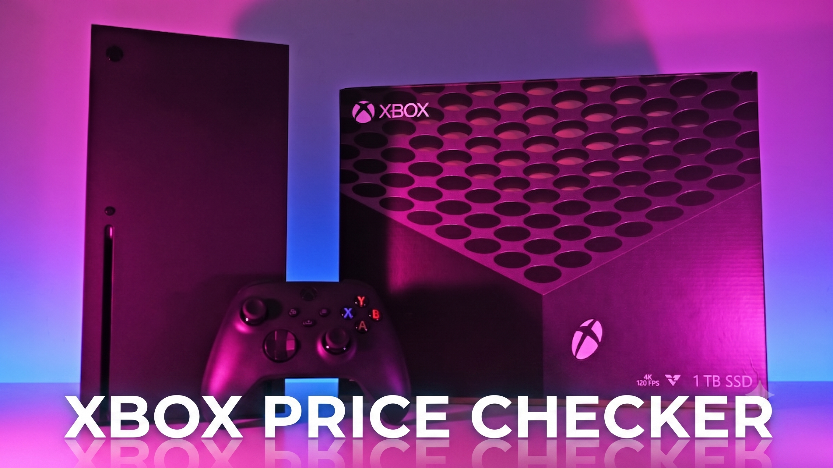 An Xbox Series X console, controller, and retail box standing under vibrant pink, purple, and blue atmospheric lighting and the words "Xbox Price checker" on the lower thirds.