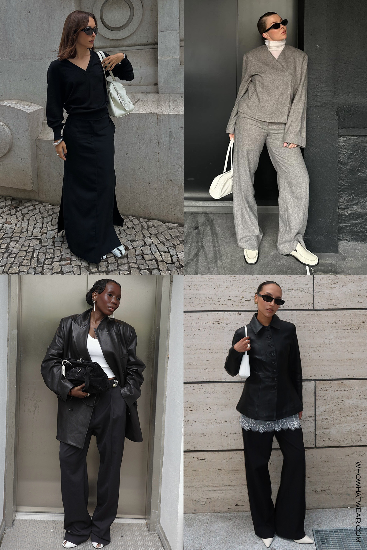 shoe color trends for fall 2025, specifically crisp white, shown in a collage of women&#039;s outfits with an influencer on the top left wearing a black sweater with a black maxi skirt and white tabi shoes; on the top right wearing a gray suit with white loafers; on the bottom left with a leather jacket and black trousers and white pointed heels; on the bottom left with a woman wearing a black leather blazer, white thank top, black trousers, and white cutout peep-toe heels