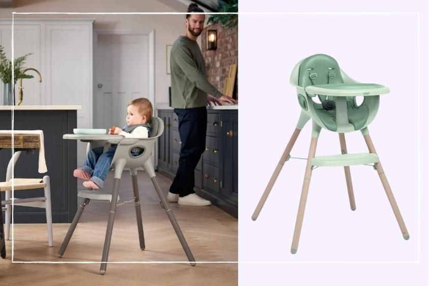 Mamas &amp; Papas Juice highchair - a baby sits in it while a smiling dad looks on