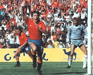 Emilio Butragueño celebrates after scoring one of his four goals for Spain against Denmark at the 1986 World Cup.