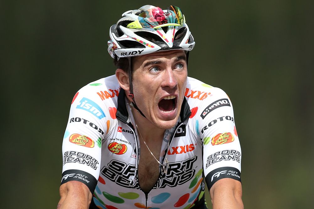 Serghei Tvetcov of Romania riding for Jelly Belly presented by Maxxis crosses the finish line in stage three of the 2014 USA Pro Challenge from Gunnison to Monarch Mountain