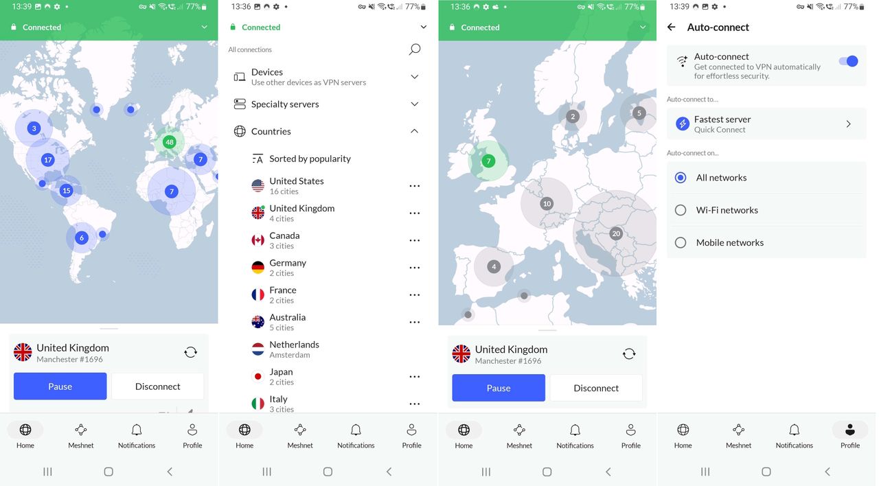Four screenshots showing NordVPN settings on mobile
