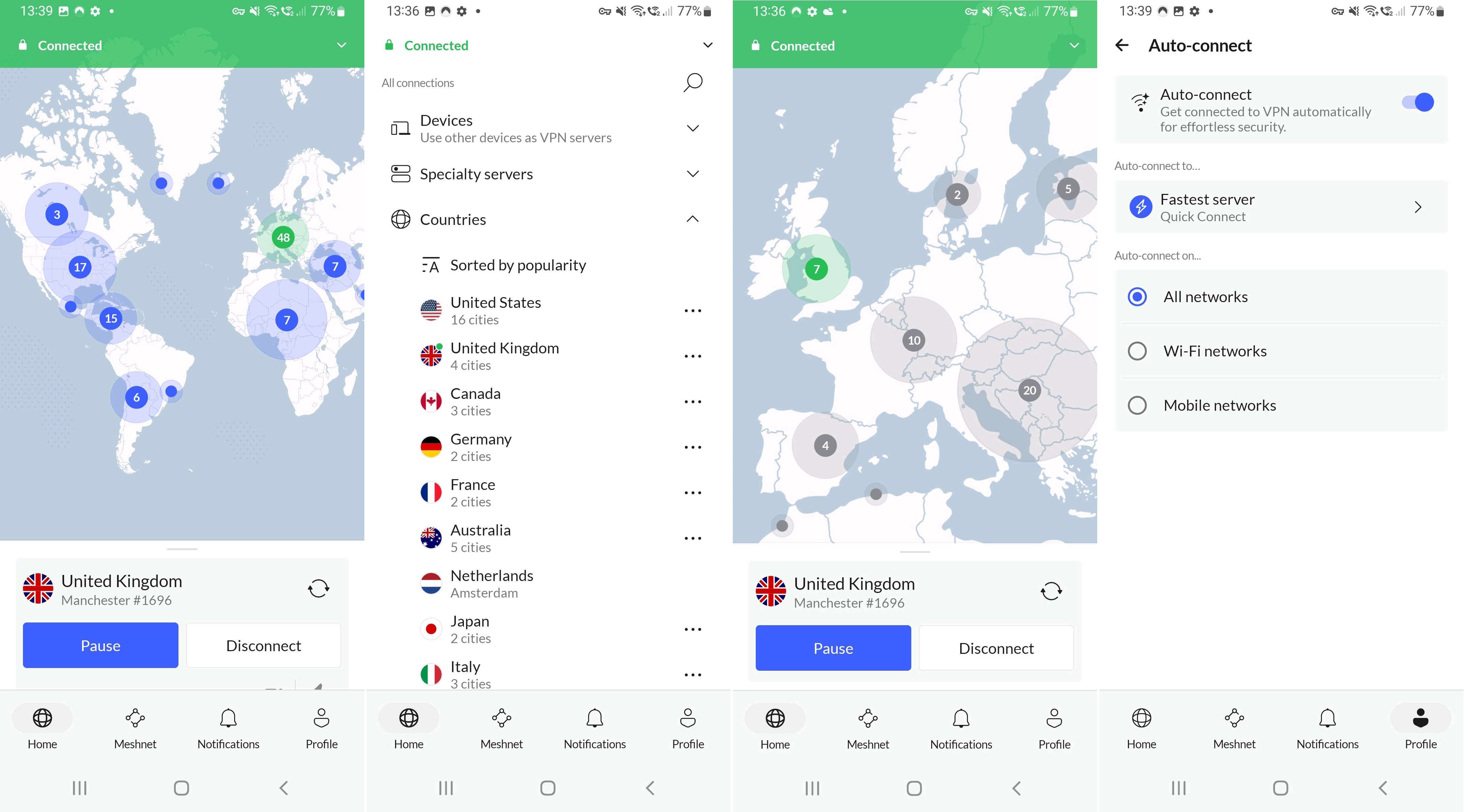 Four screenshots showing NordVPN settings on mobile