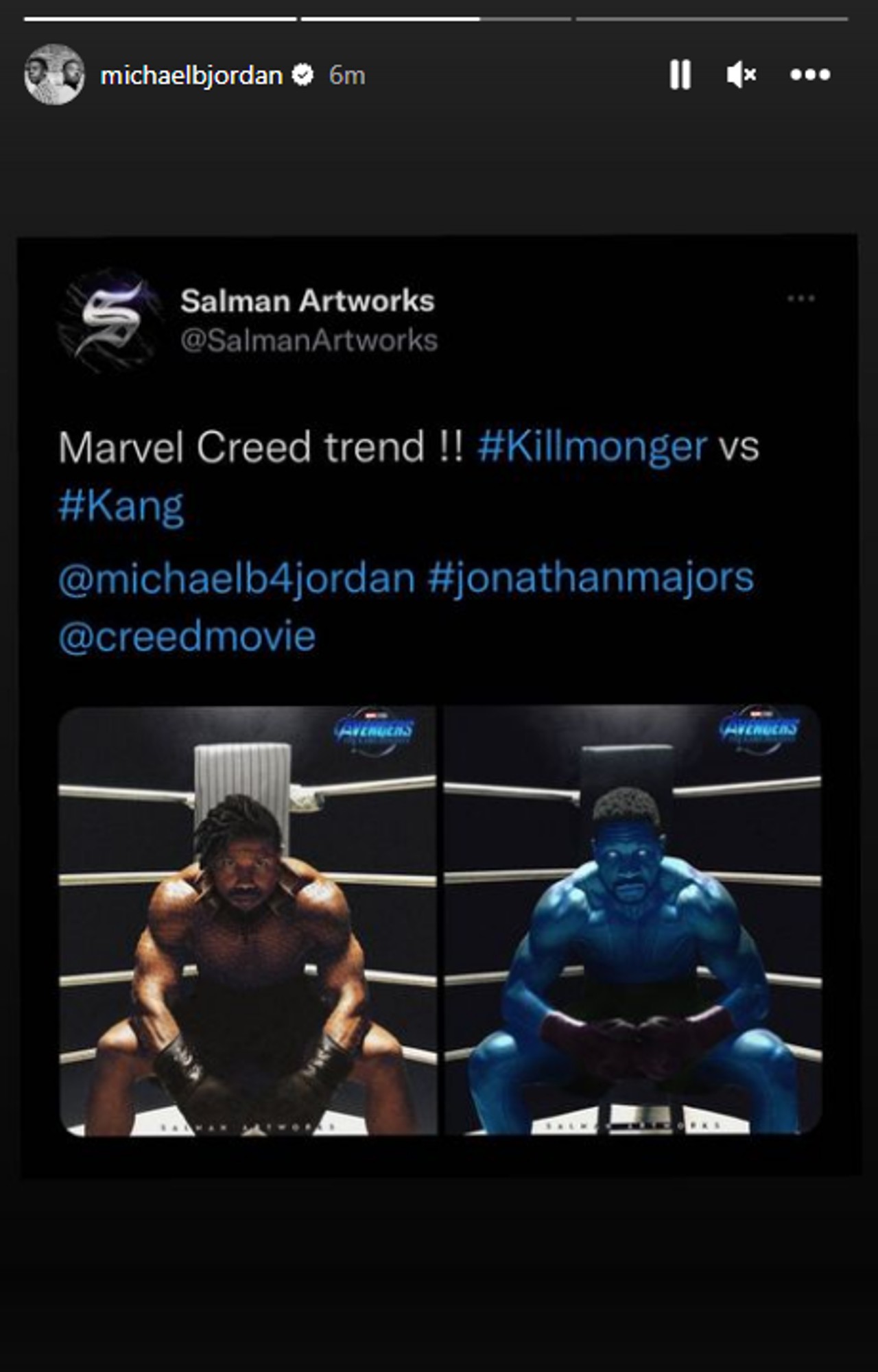 Ein Screenshot von Fankunst mit Michael B. Jordan als Killmonger und Jonathan Majors als Kang, die in einem Boxring sitzen.