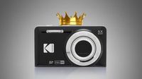 Three Kodak PixPro FZ55 compact camera in with a gold crown above the black camera against a gray backdrop