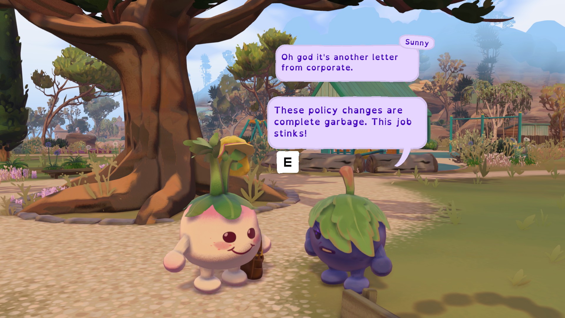 An assortment of images from Letters to Arralla, following a turnip with a juicy bum looking around a beautiful island, delivering mail, and talking to residents.