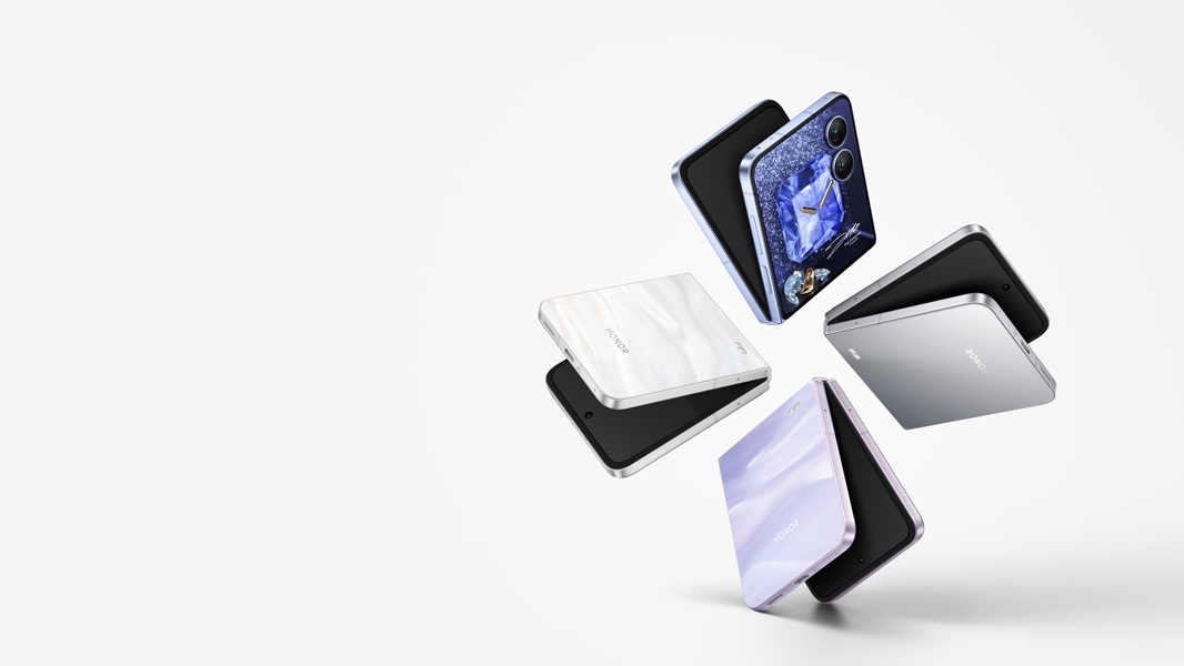 A collection of Honor Magic V Flip 2's in several colors, ranging from white, to grey, and purple.