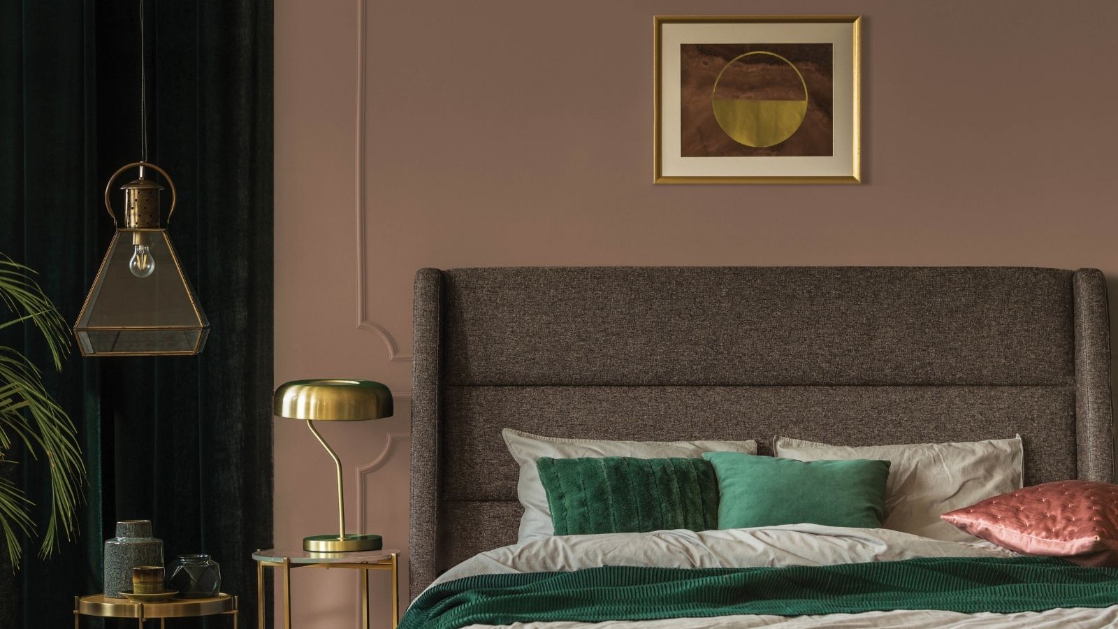 Brown bedroom with bed and side table