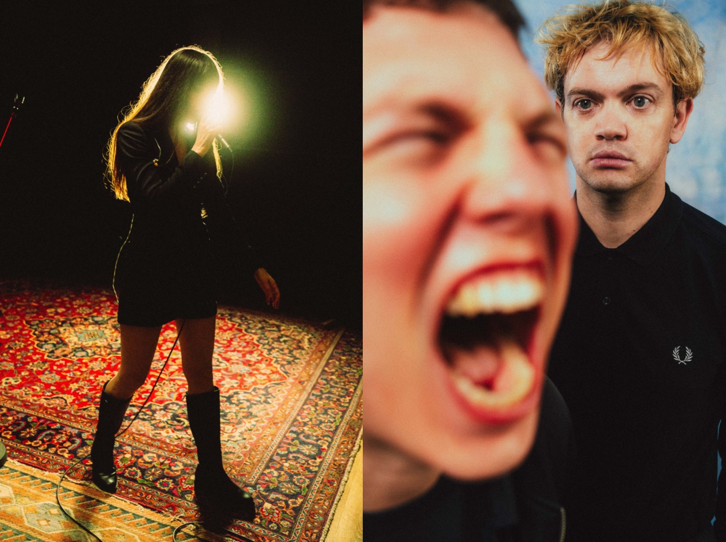 A split image featuring Marie Davidson performing in silhouette on an ornate rug, alongside a tight, expressive shot of the band Holy Hour for a 2025 photo pop-up.