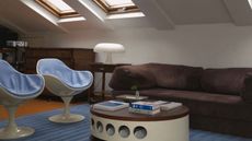 A mid-century style living room with a brown sofa, a blue rug, two white and blue egg chairs, and a white and wooden coffee table. 