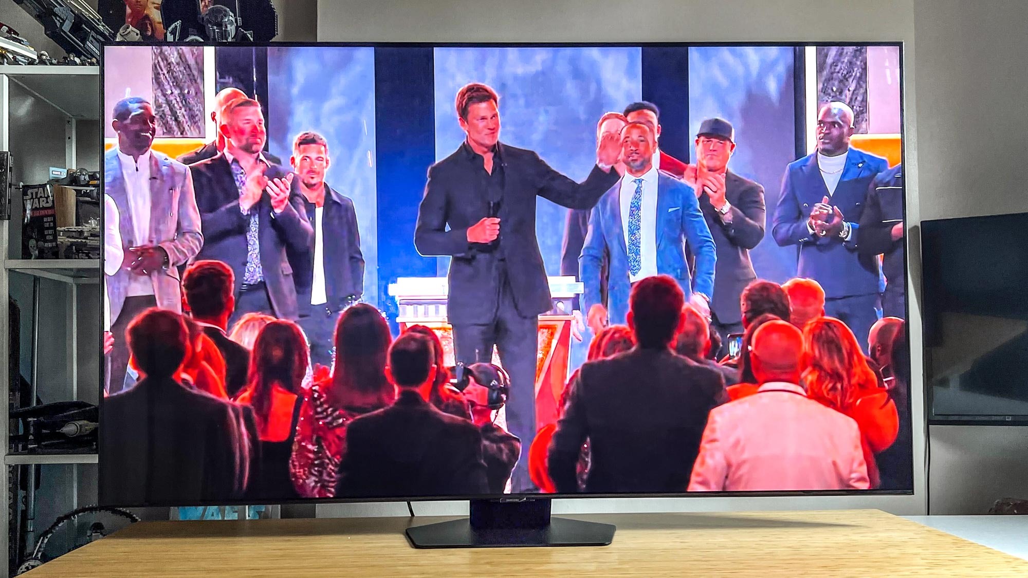 Samsung TV on standing desk