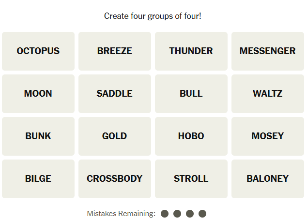 The Unsolved NYT Connections grid for April 21, 2026