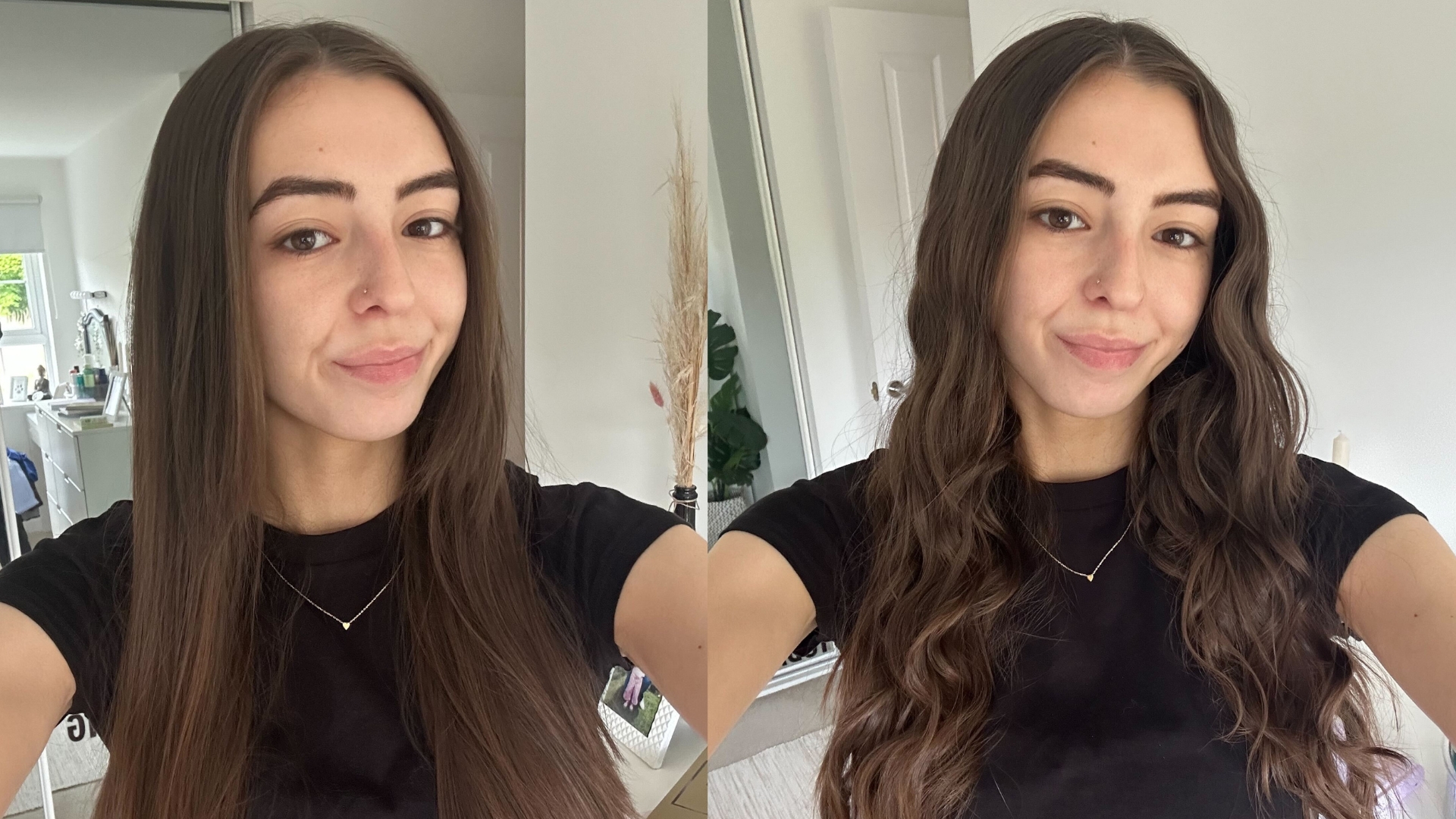 Before and after pictures of our digital beauty writer, Sennen, trying the crimp and curl method. (L-R) Smiling with straight brunette hair and wearing black T-shirt and smiling with wavy brunette hair and wearing black T-shirt