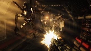 Image from the video game Aliens vs. Predator (2010). It's a first person shooter. In the bottom right 'your' hand is holding a massive gun and it's firing at the attacking Alien in front of you.