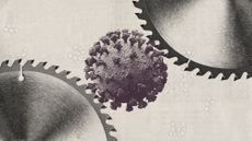 Photo collage of a virus molecule in between two saw blades