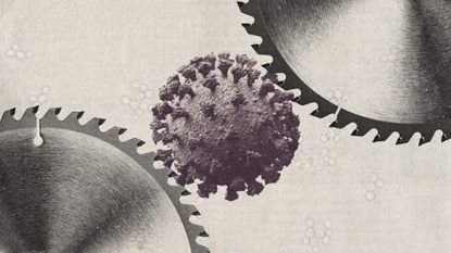 Photo collage of a virus molecule in between two saw blades