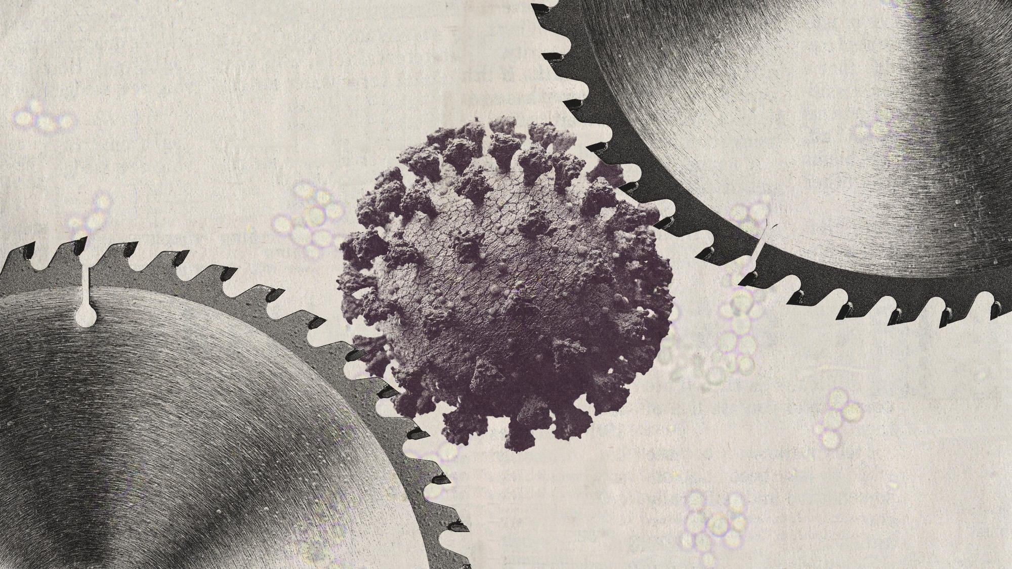 Photo collage of a virus molecule in between two saw blades