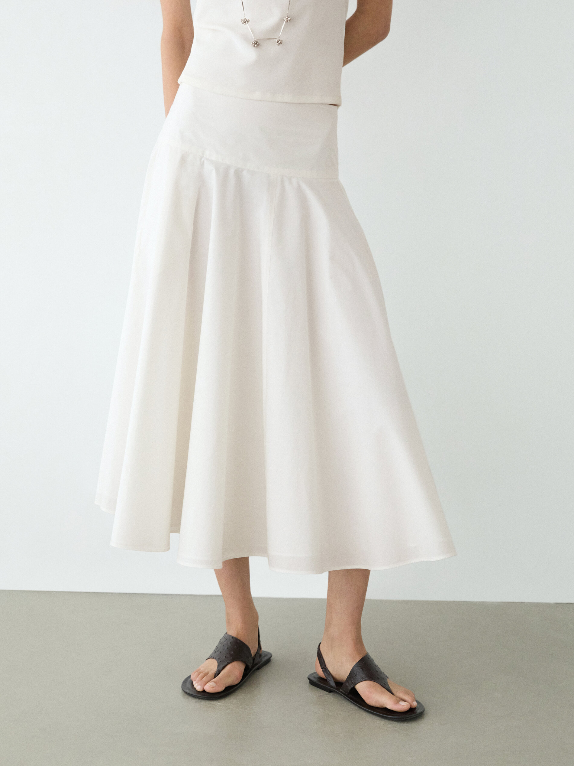100% Cotton Midi Skirt With Yoke Detail