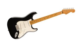 The black and white colour variation of the Fender Vintera II '50s Stratocaster. The picture is at an angle and on a plain white background.