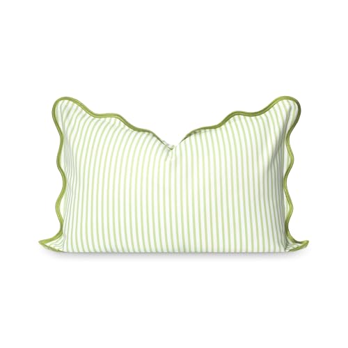 Hofdeco Premium Coastal Patio Indoor Outdoor Scalloped Lumbar Pillow Cover Only, 12&quot;x20&quot; Water Repellent for Backyard, Couch, Green Print Stripes