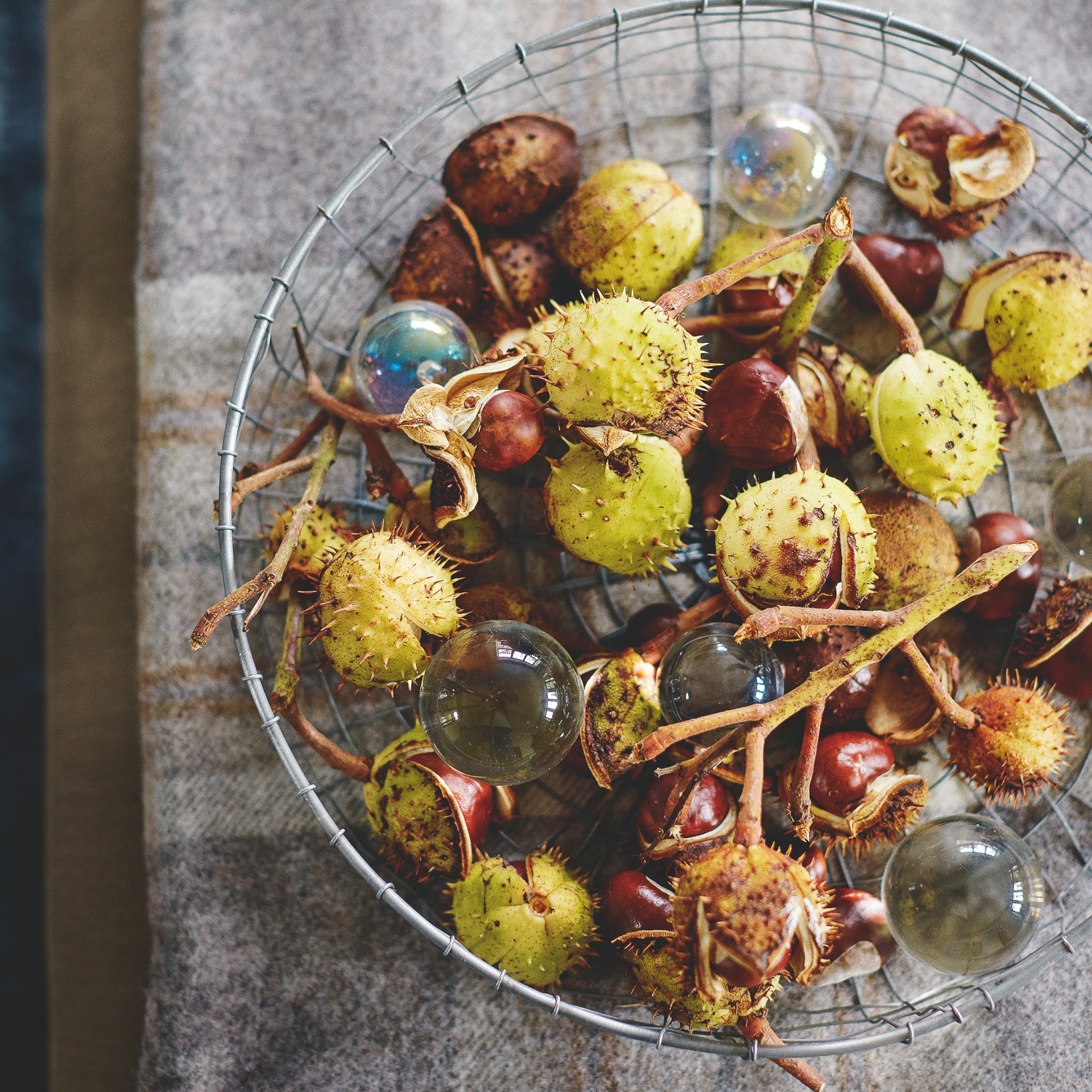 Bowl of conkers and baubles.