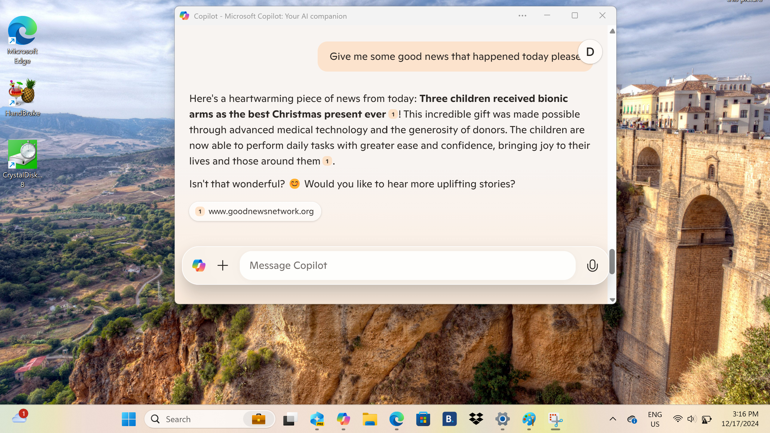 Windows Copilot app being used to ask questions on PC