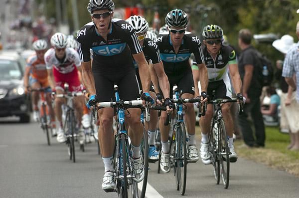 Matthew Hayman leads a select group up the Midland Highway nearing the final three laps.