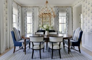 A formal blue and white dining room