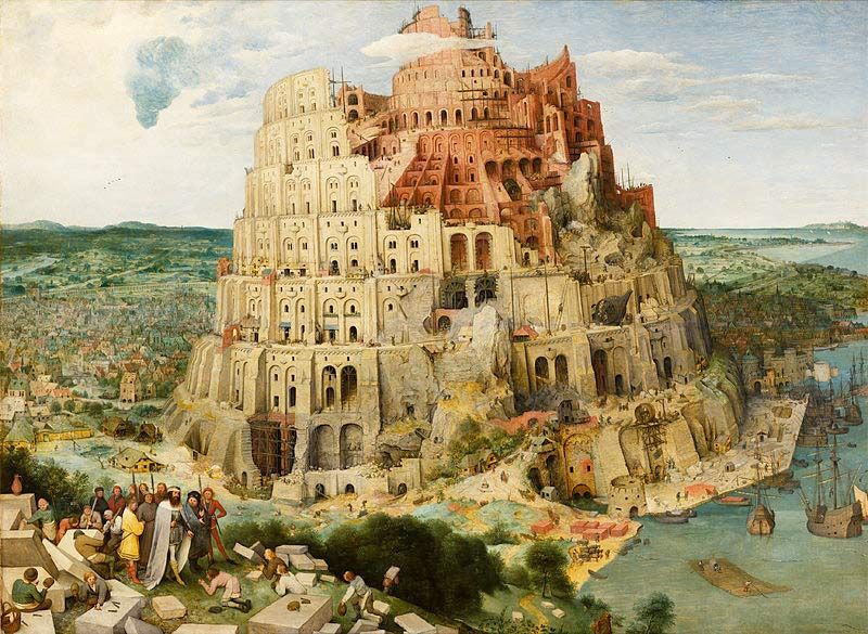 an old oil painting of the Tower of Babel.