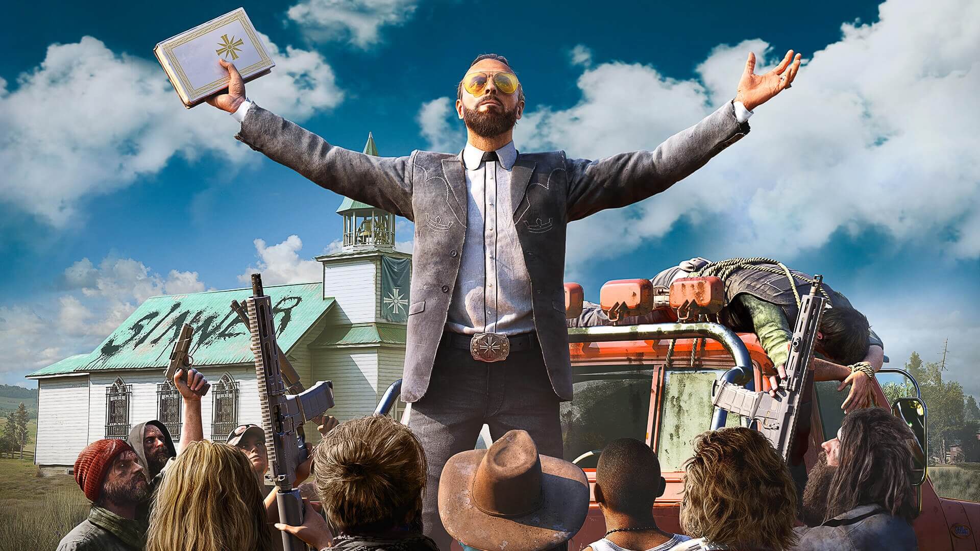 Far Cry 5 villain with arms outstretched and looking up at the sky