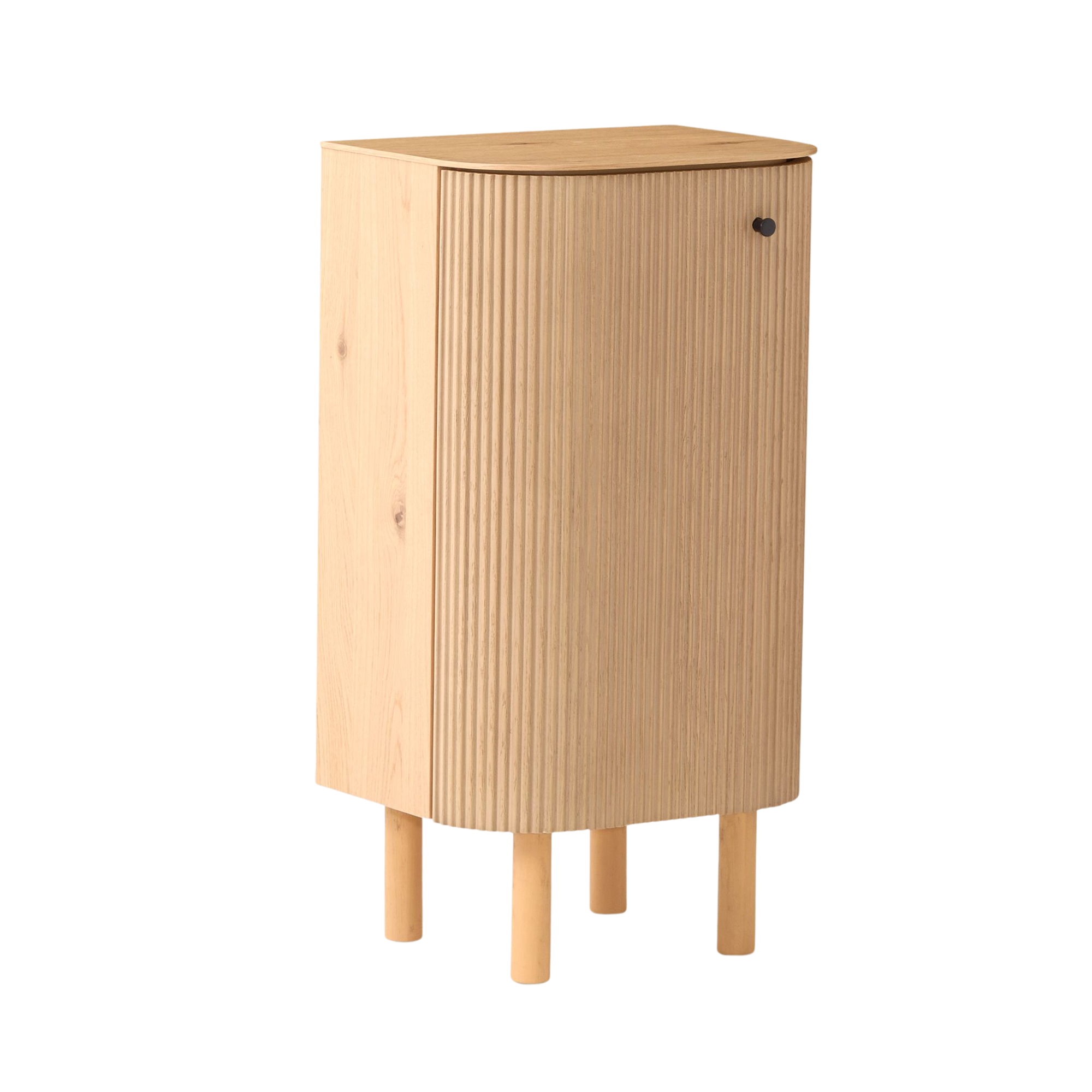 a storage cabinet in light wood with a fluted door
