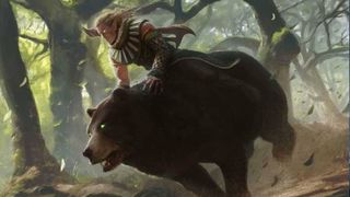 A DnD Druid rides a bear through a forest, and both of them have glowing green eyes