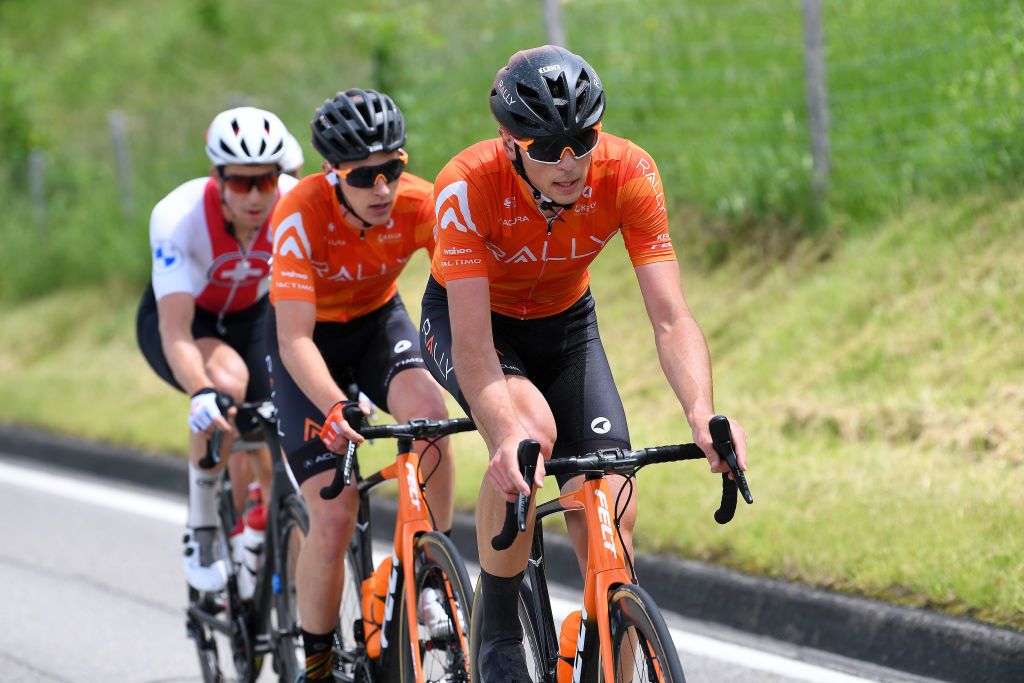 LACHEN SWITZERLAND JUNE 07 Matteo DalCin of Canada and Team Rally Cycling in breakaway during the 84th Tour de Suisse 2021 Stage 2 a 178km stage from Neuhausen am Rheinfall to Lachen UCIworldtour tds tourdesuisse on June 07 2021 in Lachen Switzerland Photo by Tim de WaeleGetty Images