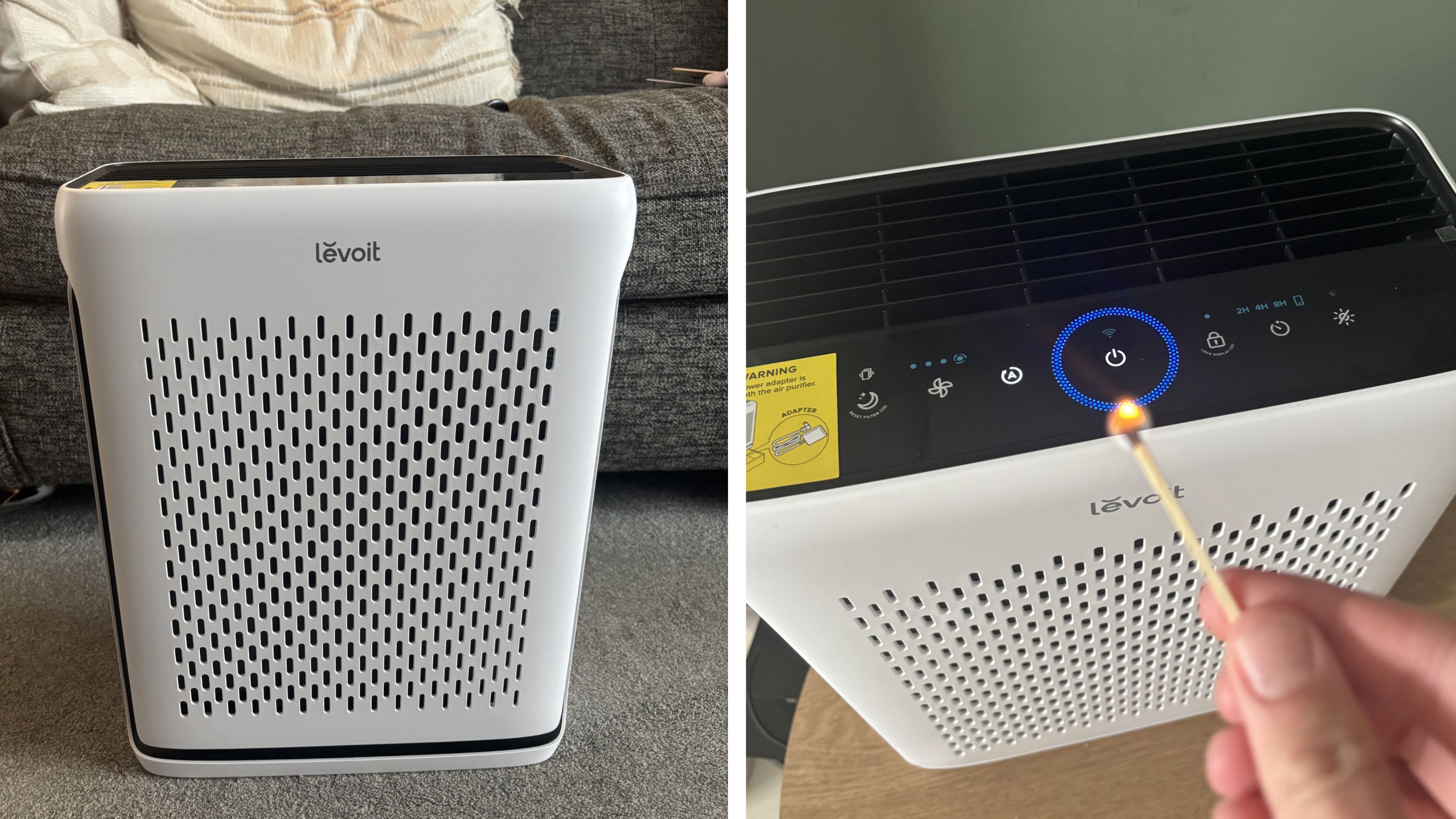 Levoit air purifier sitting on grey carpet on the left and a hand holding a lit match in front of the air purifier on the right