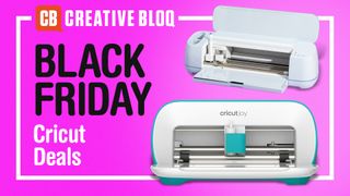 Cricut Black Friday; A Cricut Maker 3 and Joy are cut out on a bright purple background. 