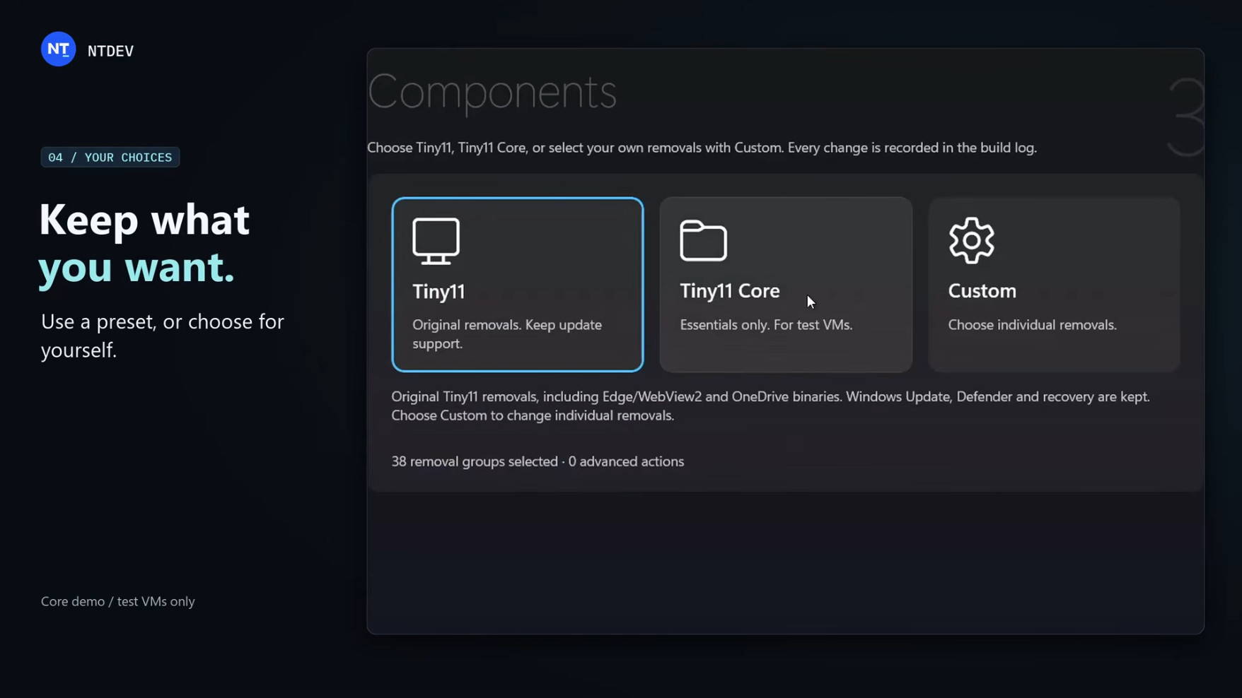 Tiny11 Builder central interface showing the three main choices for a basic build, core install, or custom version