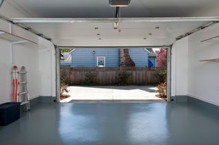 A home garage with an open garage door
