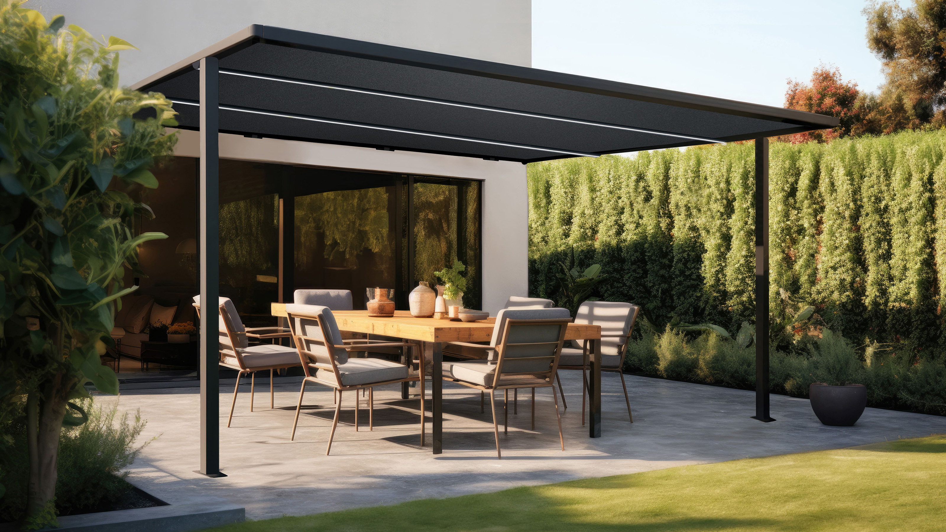 black pergola attached to a white house with concrete patio and dining tables and chairs