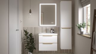 small bathroom with white bathroom storage and rectangular mirror with lights