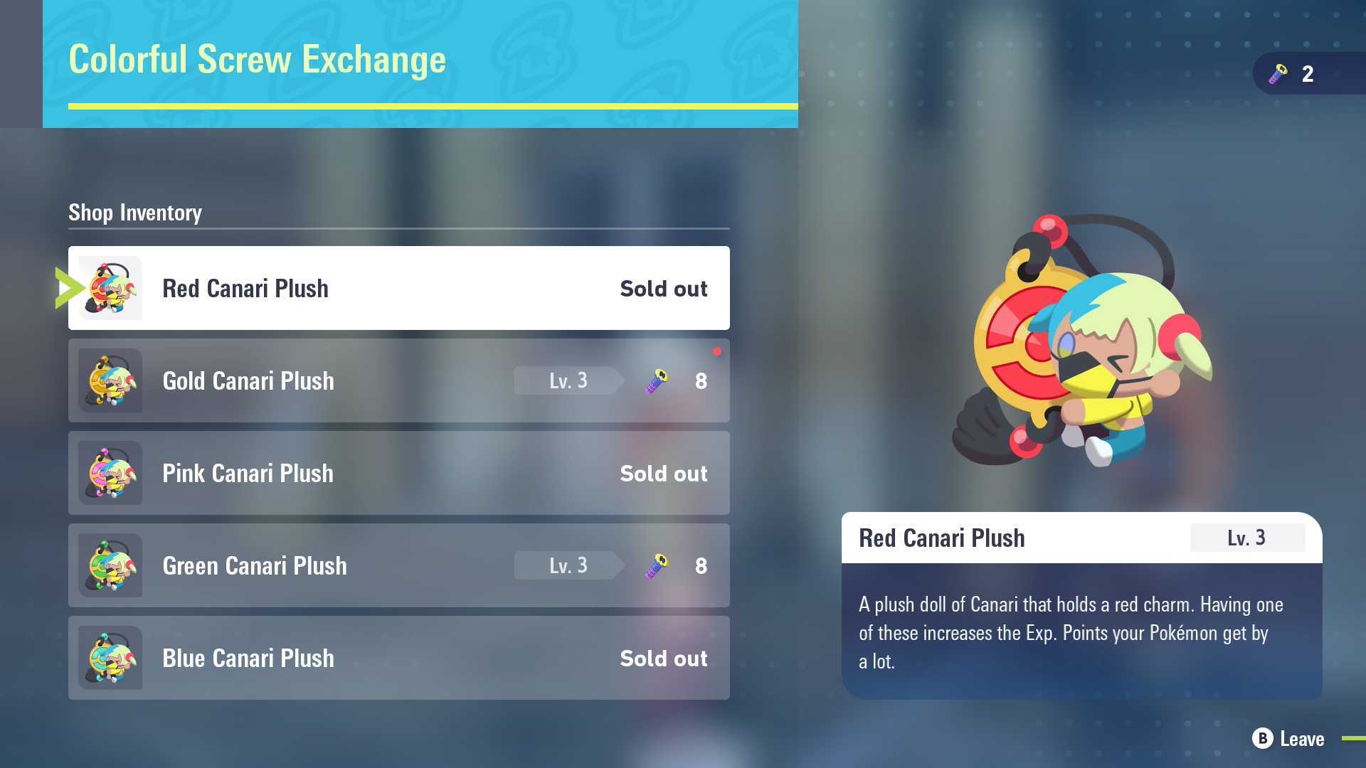 A screenshot of the Colorful Screw Exchange and various Canari Plush in Pokemon Legends: Z-A.