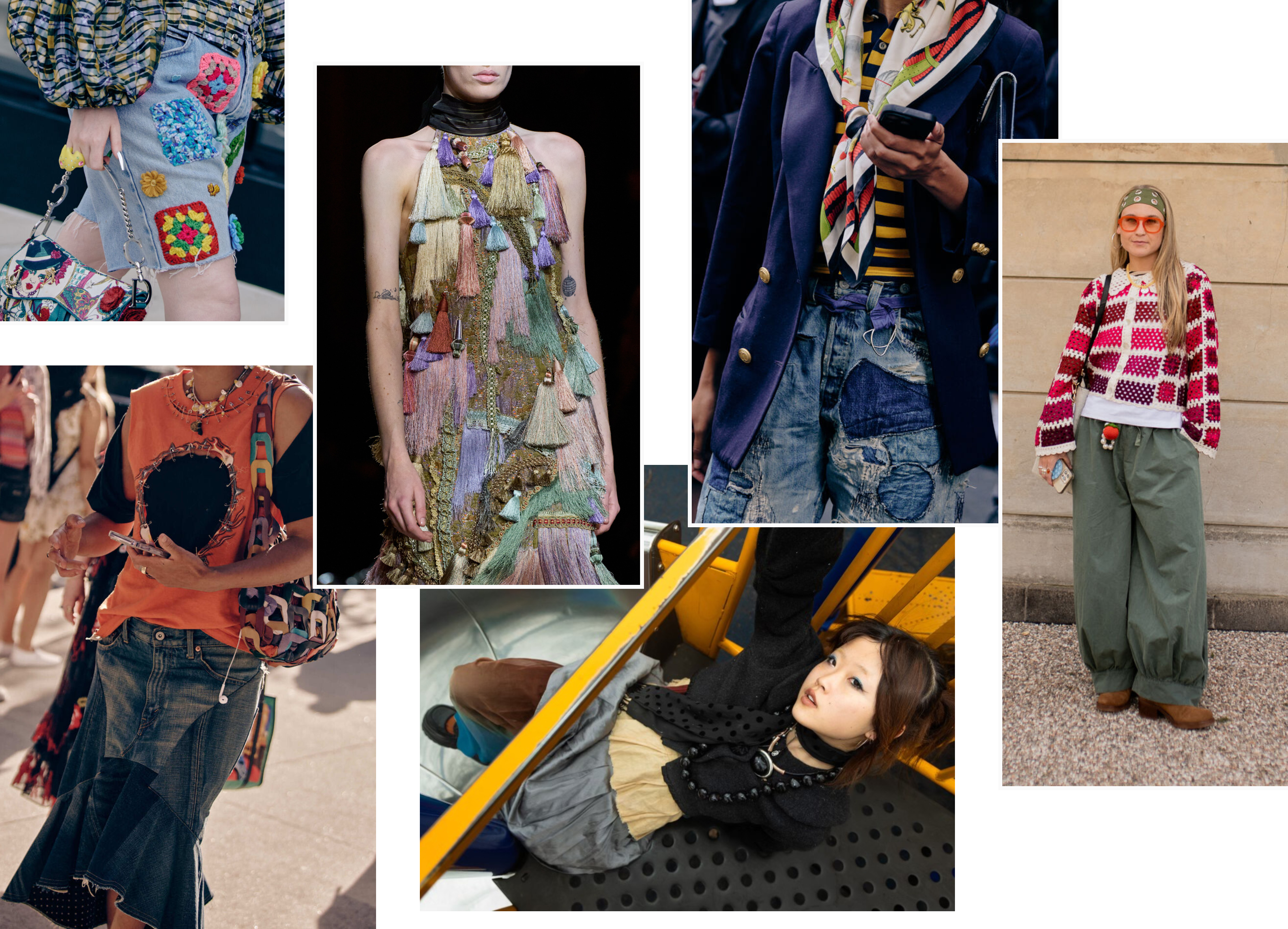 a collage of the curated crafty hodgepodge gen z fashion trend from fashion month street style and at Dries Van Noten Fall 2025