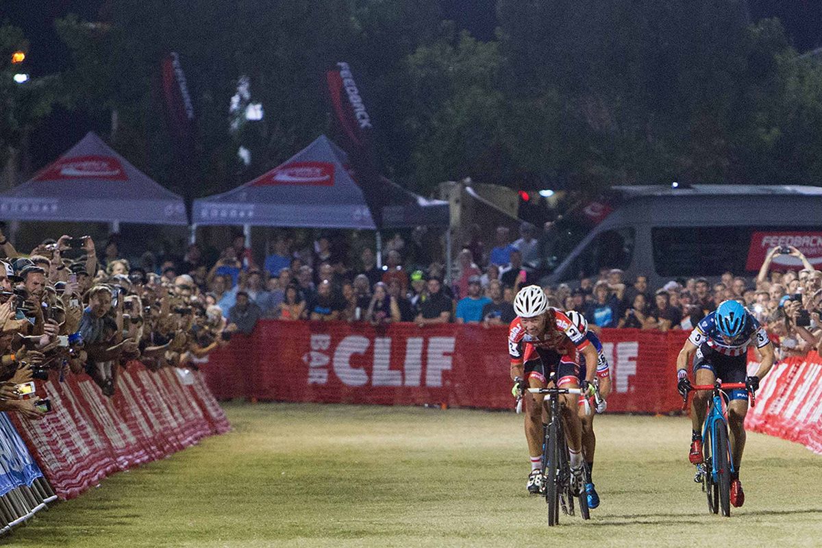 Sophie De Boer launches her winning effort at CrossVegas.