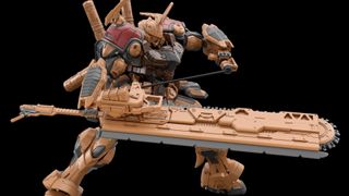 An HG 1/144 Bau Bahlam model kit posed to appear as if revving its chainsaw macuahuitl motor.