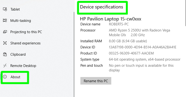 how to check PC specs in Windows 10 - device specifications