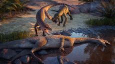 An illustration shows two four-legged crocodile-like animals standing over a large, long-necked animal carcass lying in a stream.