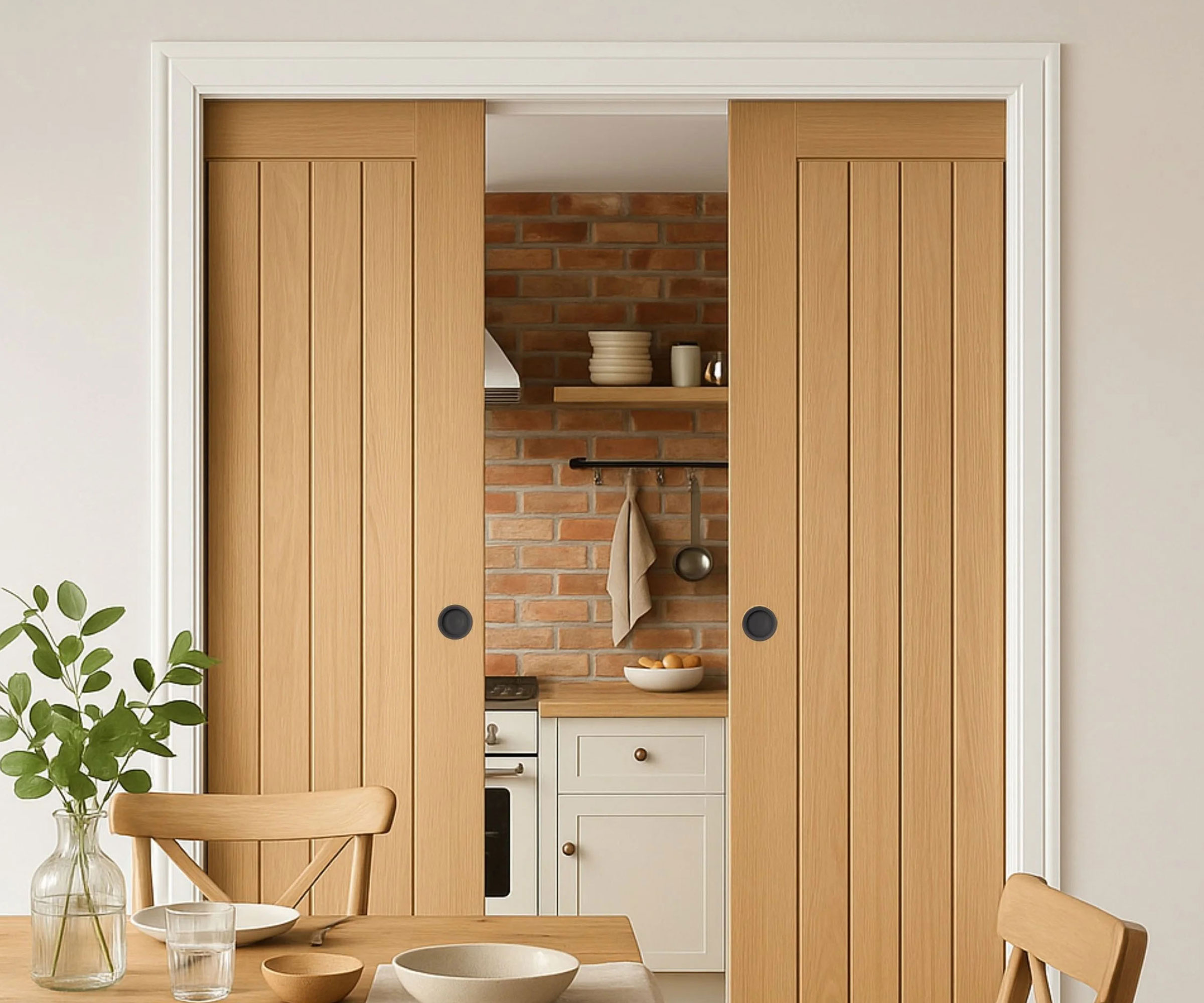 wooden double pocket doors separating a kitchen and dining space