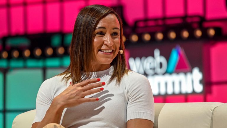 Jessica Ennis-Hill speaks on stage at an event